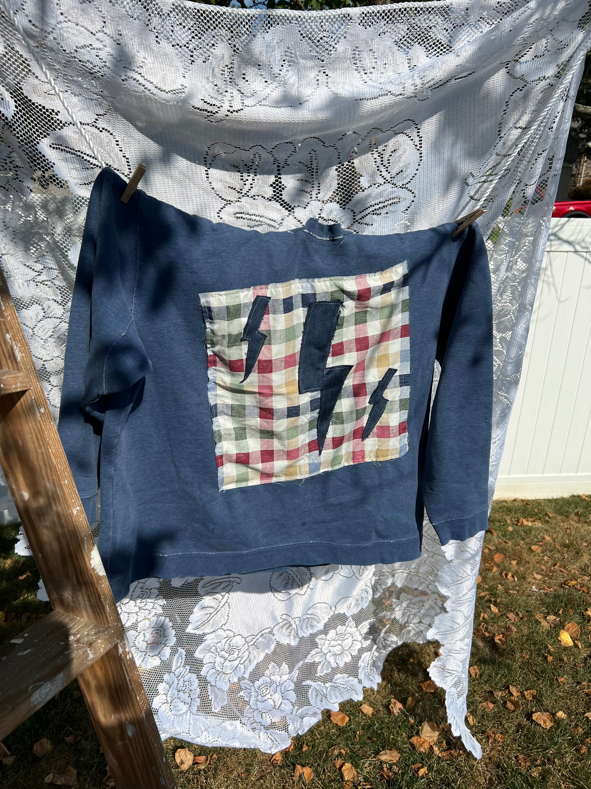 Large plaid lightening bolt upcycled sweatshirt